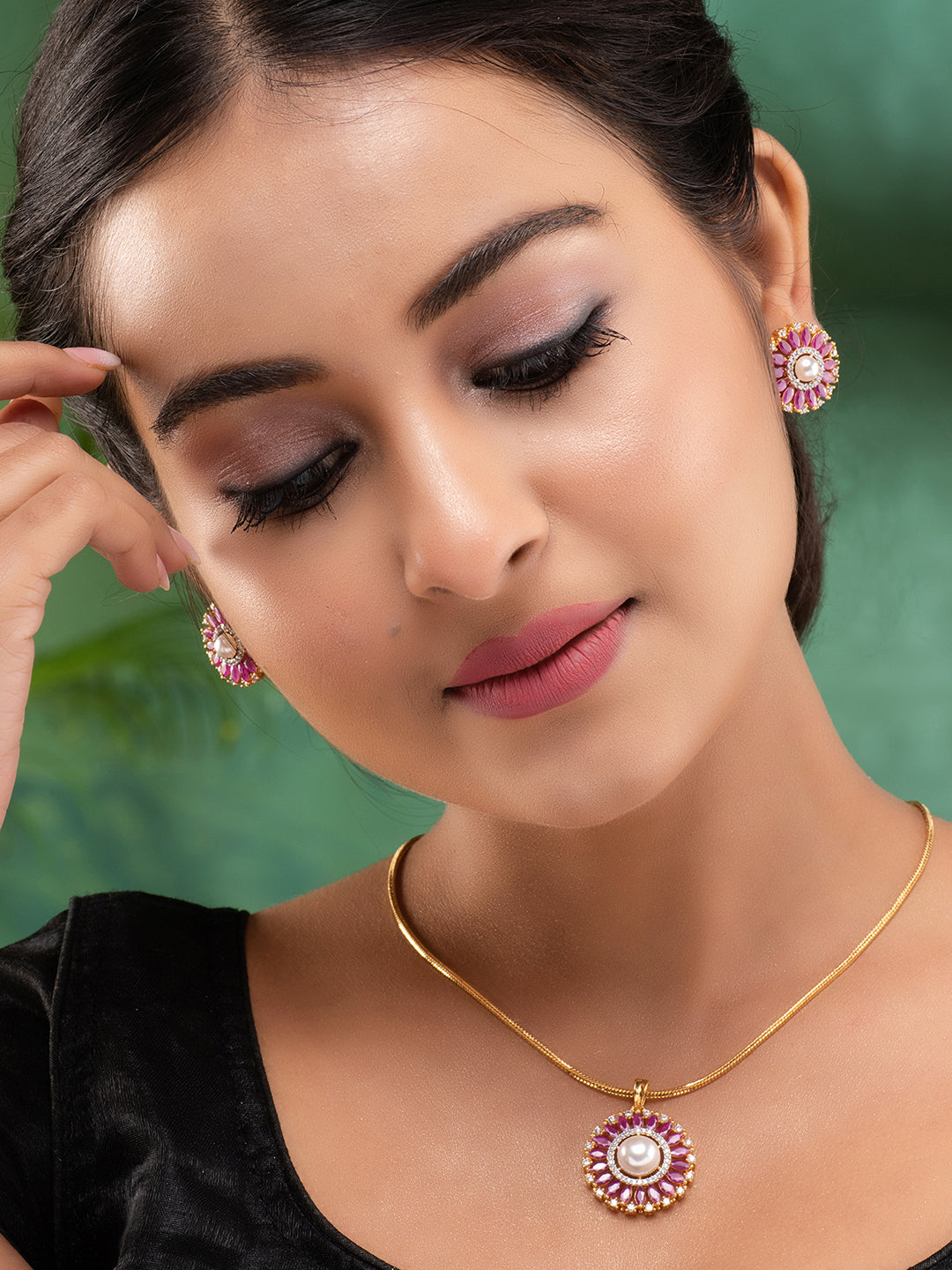 Women Pink & White Gold Plated AD & Pearl Studded Jewellery Set, zaveri pearls, sale price rs, sale price, sale gold plated, sale gold, sale, rubans, ring, regular price, priyassi jewellery,